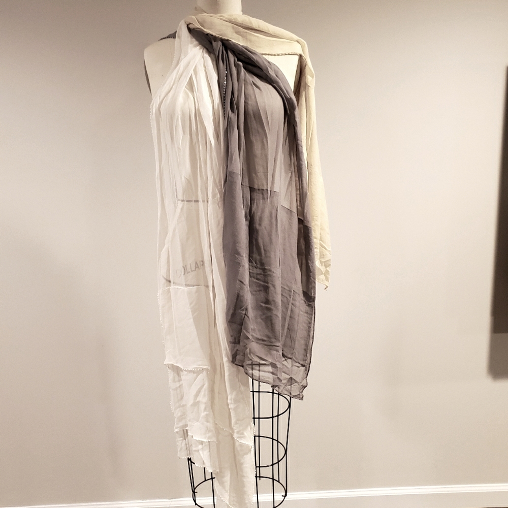 Set of 3 fine scarves, silk like fabric and bead detail, sheer. White, grey, tan